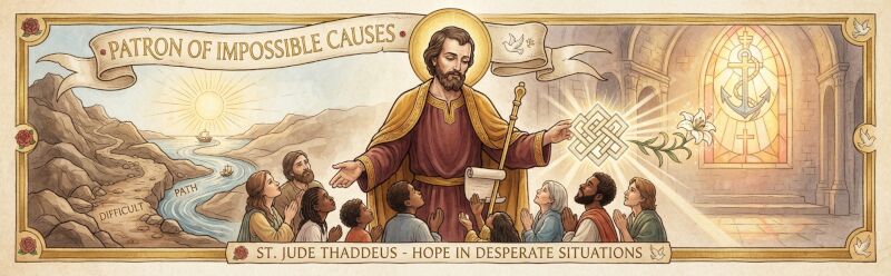 An artistic banner illustrating St. Jude Thaddeus as the Patron of Impossible Causes, surrounded by symbols of hope and supplicants.