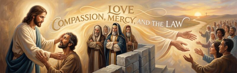 A symbolic illustration showing Jesus healing a man while Pharisees watch, representing how divine compassion, mercy, and the law intersect.