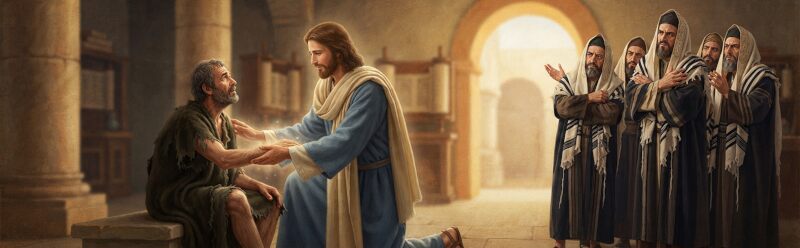 Jesus healing a suffering man on the Sabbath illustrating compassion, mercy, and the law while Pharisees observe.
