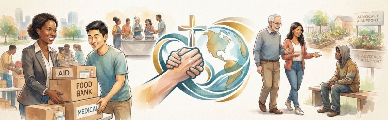Diverse volunteers providing food aid and community support reflecting active Christian compassion, mercy, and the law.