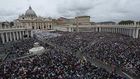 Pope Francis celebrates the canonization Mass of Sts. John XXIII and John Paul II in St. Peter's Square at the Vatican April 27. (CNS photo/Paul Haring)